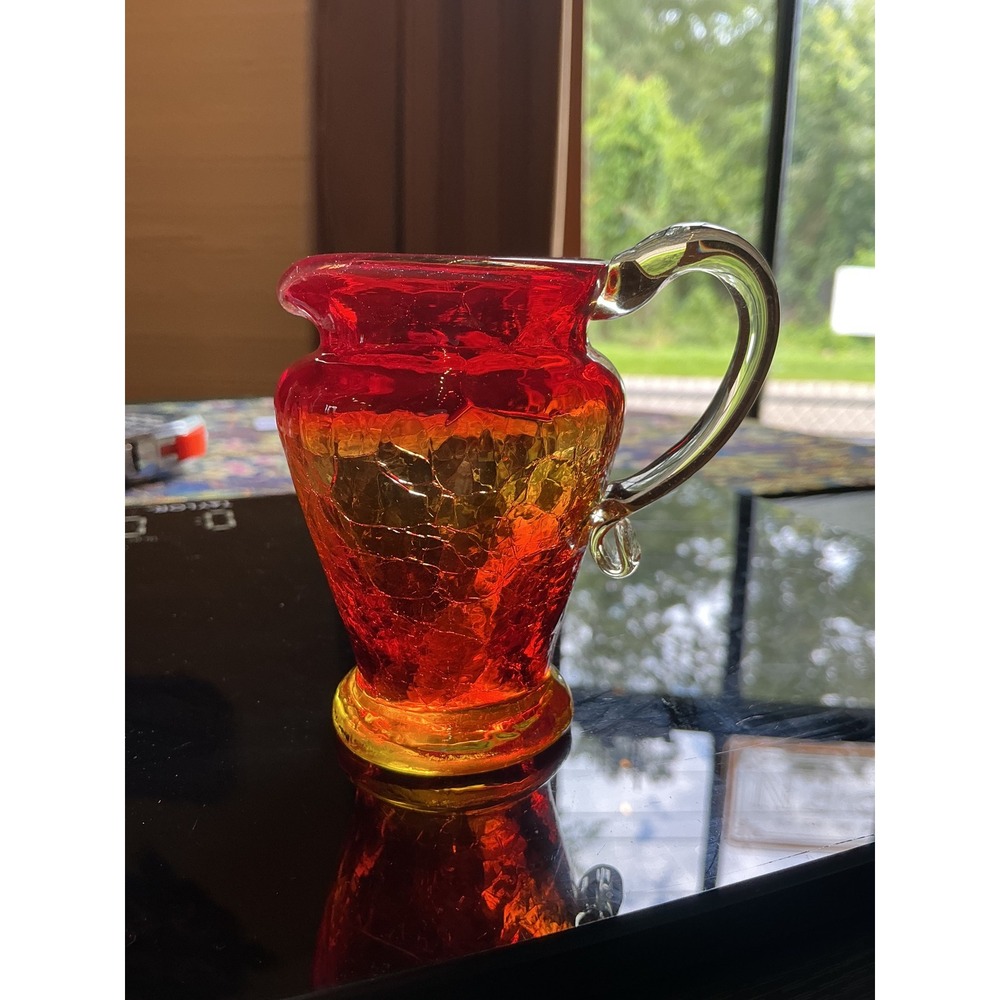 Amberina Crackle Glass Mini Pitcher Cadmium Glow Red Orange Yellow 3.25"